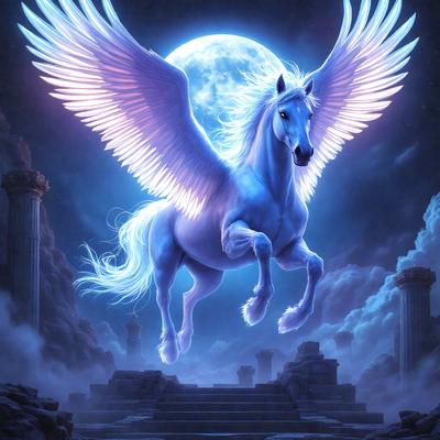 Primary subject: A blue horse with white wings flying in the sky.

Setting/background: The horse is flying in front of a moon, and there are pillars in the background.

Visual style: The image is a digital art or illustration.

Colors and mood: The dominant colors are blue and white, with a sense of freedom and magic.